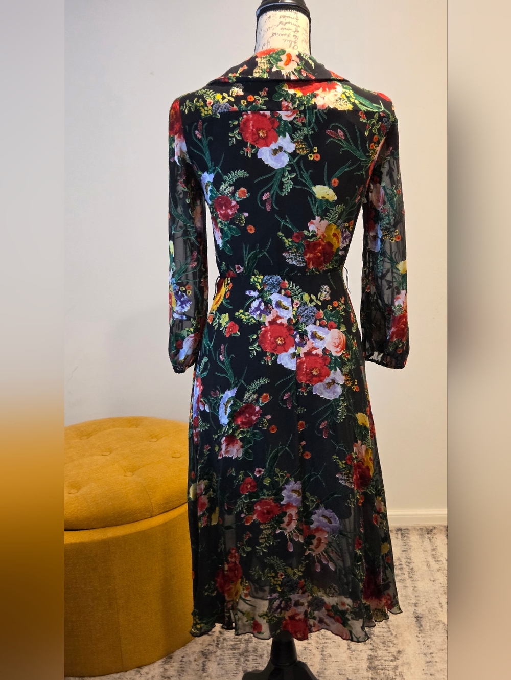Alice + Olivia Black Floral Wrap Midi Dress with Red & Green Accents, Size 4. - Picture 5 of 16